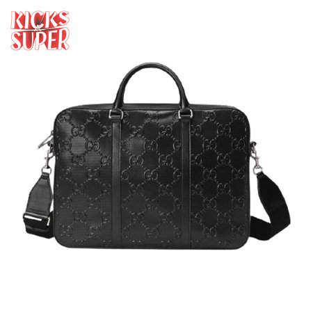 Gucci GG Embossed Briefcase Black Leather Cotton Linen Lining - GBC005