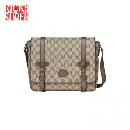 Gucci Messenger Bag Beige/Ebony Gg Supreme Canvas Brown Leather Trim GMB008