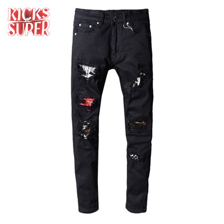 Amiri Bandanna Rip Jeans Black / Red / White